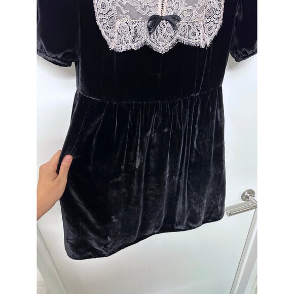Saloni Cherie Bows Lace Velvet Mini Dress Black Pink Beaded Crystal US 6 - Picture 8 of 16